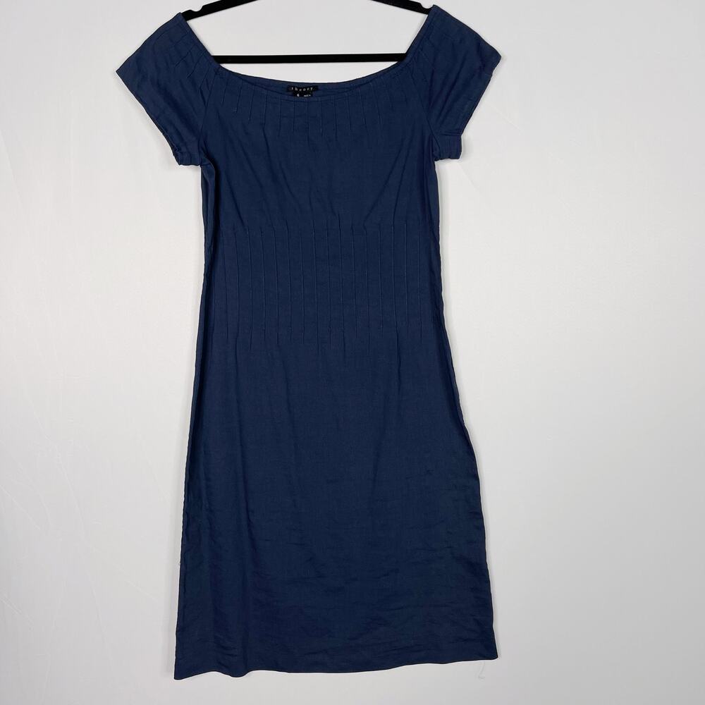 Theory Size 6 Navy Blue Linen Ashby Dress Off The Shoulder Seamed Details Sheath